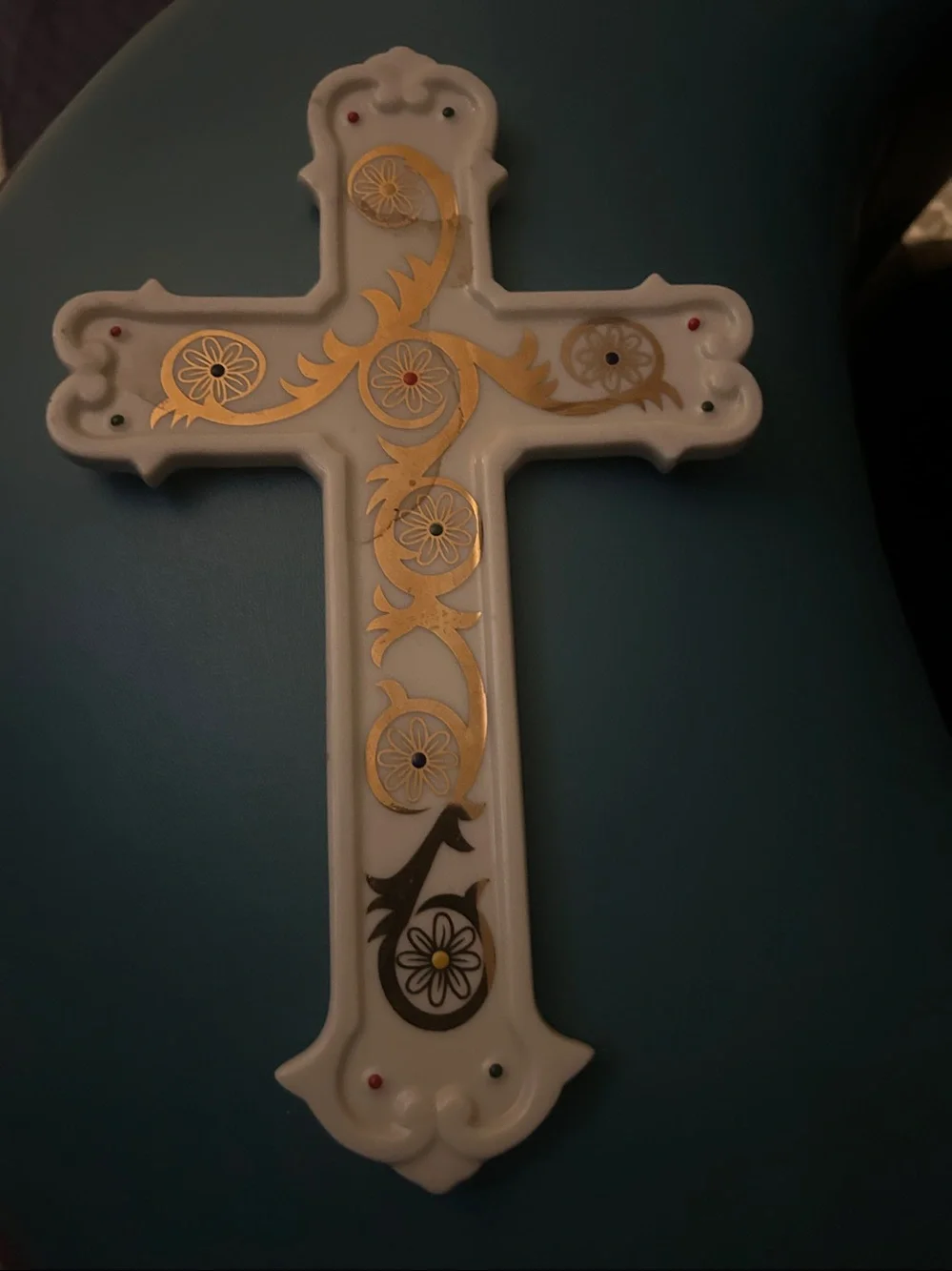 Decorative White Cross Wall Plaque with Gold Accents